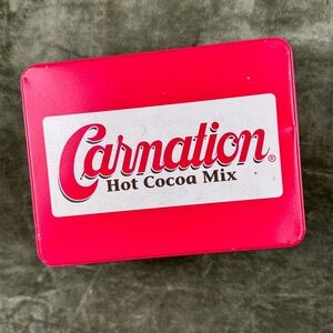 Vintage‎ Carnation Hot Cocoa Mix Tin Green Red Winter Scenes Christmas Decor 8in